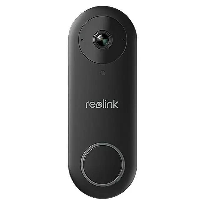 Reolink Türklingel mit Kamera D340P -  - Schwarze Reolink Video-Türklingel mit Kameralinse oben und großem, rundem Knopf unten.