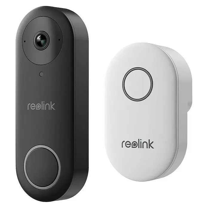Reolink Türklingel mit Kamera D340P -  - Zwei Reolink Smart-Türklingeln: eine schwarze Videotürklingel mit Kamera und Taste, und ein weißes Gong-Modul mit runder Taste.