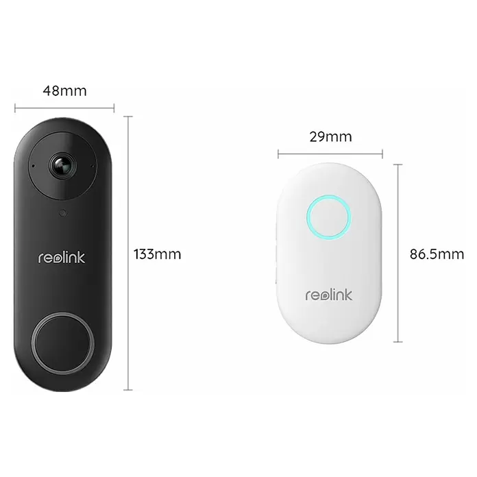 Reolink Türklingel mit Kamera D340P -  - Zwei Reolink Smart-Home-Geräte: eine dunkle Video-Türklingel (48x133mm) und ein weißes Gonggerät (29x86.5mm) mit Leuchttaste, zeigt deren Maße.