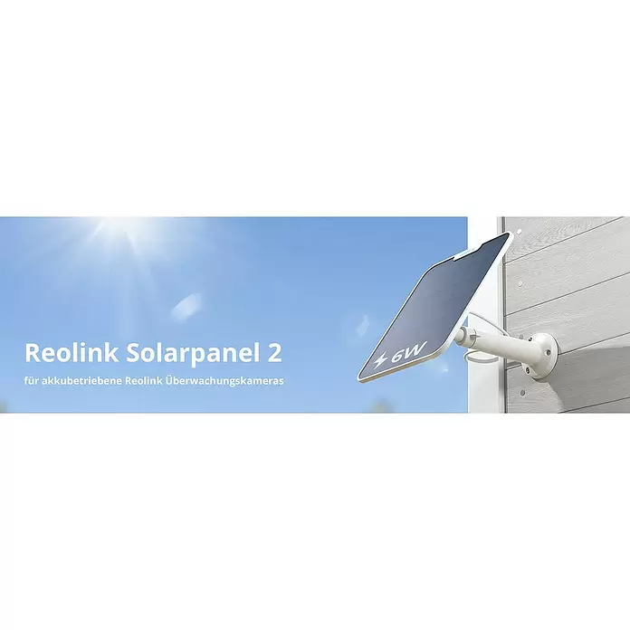 Reolink Panel SOLAR PANEL 2 - IP65, Weiß - Reolink Solarpanel 2 (6W) an einer Wand, versorgt akkubetriebene Überwachungskameras mit Sonnenenergie.