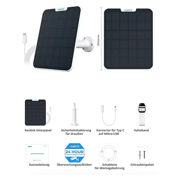 Reolink Panel SOLAR PANEL 2 - IP65, Weiß - Reolink Solarpanel in Weiß und Schwarz mit Montageständer, Ladekabel, Adaptern und Installationszubehör.