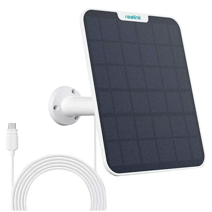 Reolink Panel SOLAR PANEL 2 - IP65, Weiß - Reolink Solarpanel mit weißem Rahmen, dunklen Zellen, weißer Halterung und aufgewickeltem weißem USB-C-Kabel.