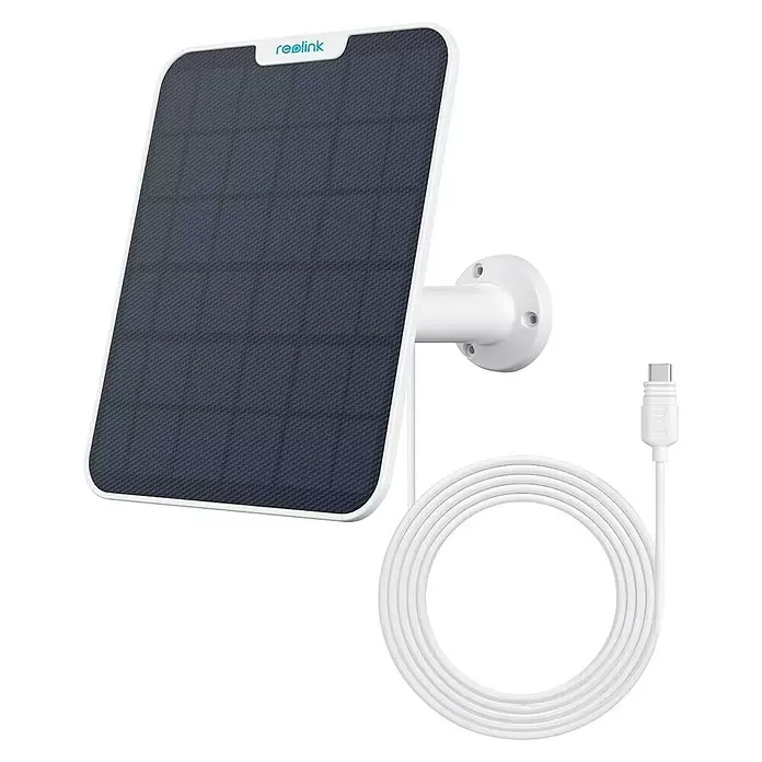 Reolink Panel SOLAR PANEL 2 - IP65, Weiß - Weißes Reolink Solarpanel mit dunkelblauen Zellen, weißem Montagearm und aufgerolltem weißem Kabel mit USB-C-Anschluss.