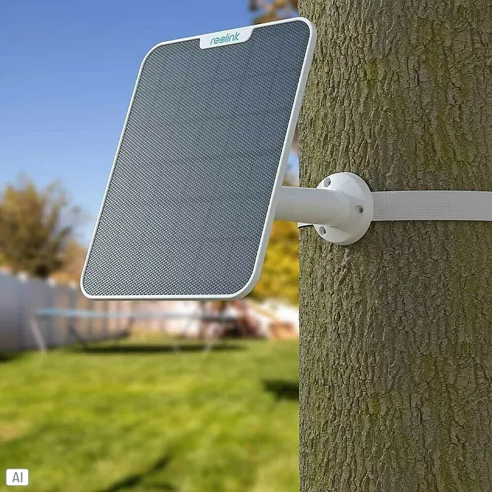 Reolink Panel SOLAR PANEL 2 - Weiß - Reolink Solarpanel an einem Baum befestigt. Das Panel sorgt für eine nachhaltige Stromversorgung der Überwachungskameras.