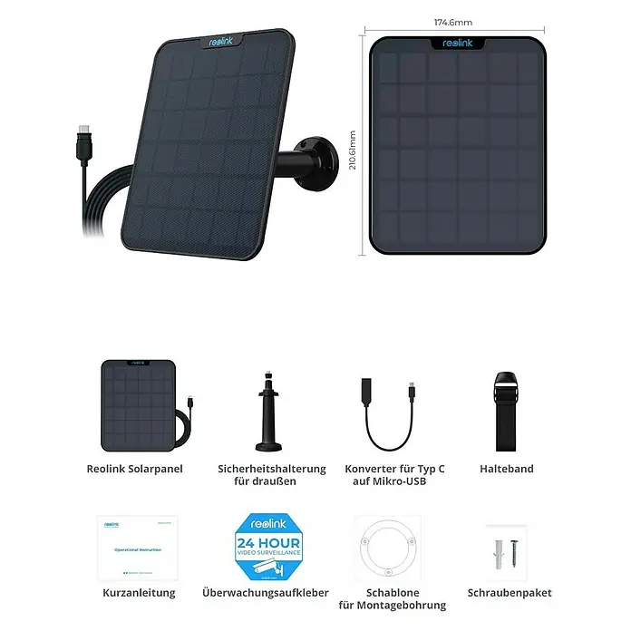 Reolink Panel SOLAR PANEL 2 - Schwarz - Produktabbildung des Reolink Solarpanels mit Zubehör für eine zuverlässige Stromversorgung Ihrer Überwachungskamera.