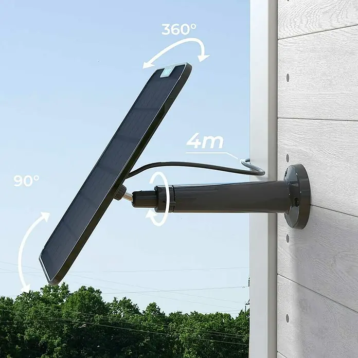 Reolink Panel SOLAR PANEL 2 - Schwarz - Bild einer flexiblen Solarpanel-Halterung zur Wandmontage mit 360°-Drehung und 90°-Neigung für optimale Sonneneinstrahlung.