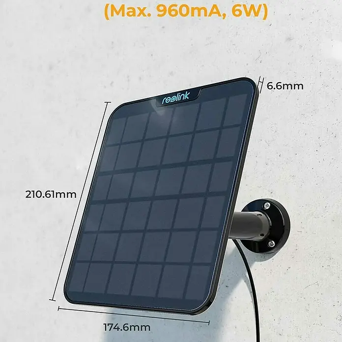 Reolink Panel SOLAR PANEL 2 - Schwarz - Bild einer Reolink Solarpanel mit den Maßen 210,61mm x 174,6mm und einer Dicke von 6,6mm. Max. 960mA, 6W.