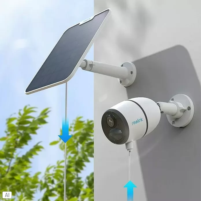 Reolink Panel SOLAR PANEL 2 - Weiß - Weiße Reolink Überwachungskamera und Solarmodul an der Wand, das Panel versorgt die Kamera mit Strom.