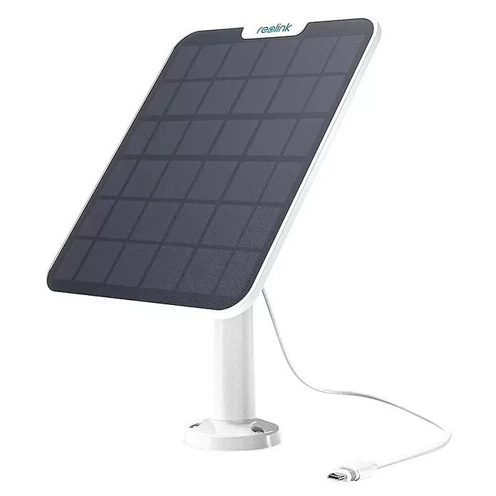 Reolink Panel SOLAR PANEL 2 - IP65, Weiß - Weißes Reolink Solarpanel mit dunkelgrauen Zellen, auf weißem Ständer, mit weißem Ladekabel.