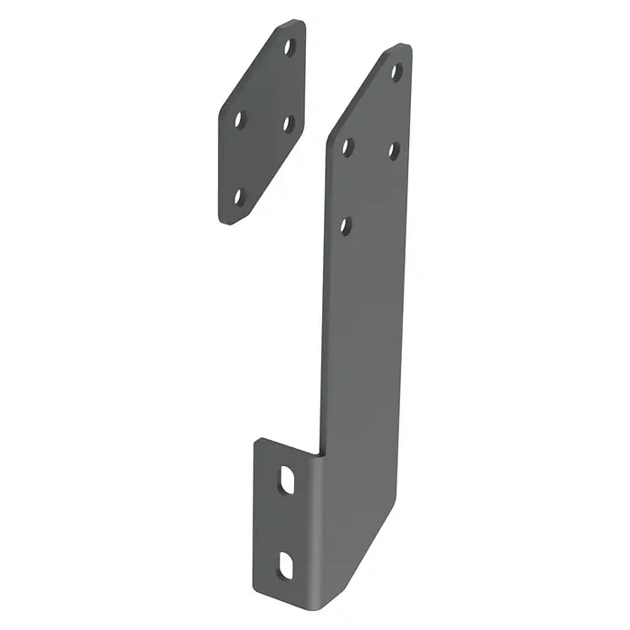 SM Dachsparrenadapter - 400 x 65 x 115 mm, Anthrazitgrau, Passend für: SM Gelenkarm-, Hülsen- & Vollkassettenmarkisen - Zwei dunkelgraue Metall-Montagewinkel: eine flache Platte und ein L-förmiges Teil mit Befestigungslöchern.