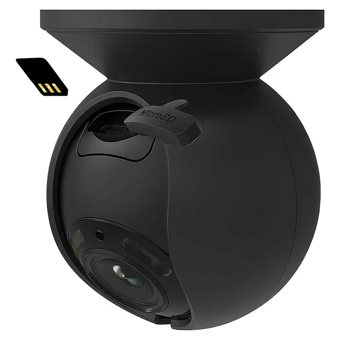 Reolink Überwachungskamera E SERIES E540 - 2.560 x 1.920 Pixel, IP65, Außen - Schwarze, kugelförmige Überwachungskamera mit geöffneter MicroSD-Kartenabdeckung, leerem Steckplatz und MicroSD-Karte daneben.