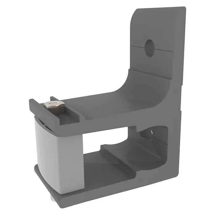 SM Wandhalter - 130 x 115 x 60 mm, Weißaluminium, Passend für: SM Gelenkarm- & Hülsenmarkisen, 1 Stk. - Dunkelgraue Kunststoff-Montagehalterung mit weißem Basiseinsatz und oben montierter Mutter, mit einem runden Loch im vertikalen Arm.