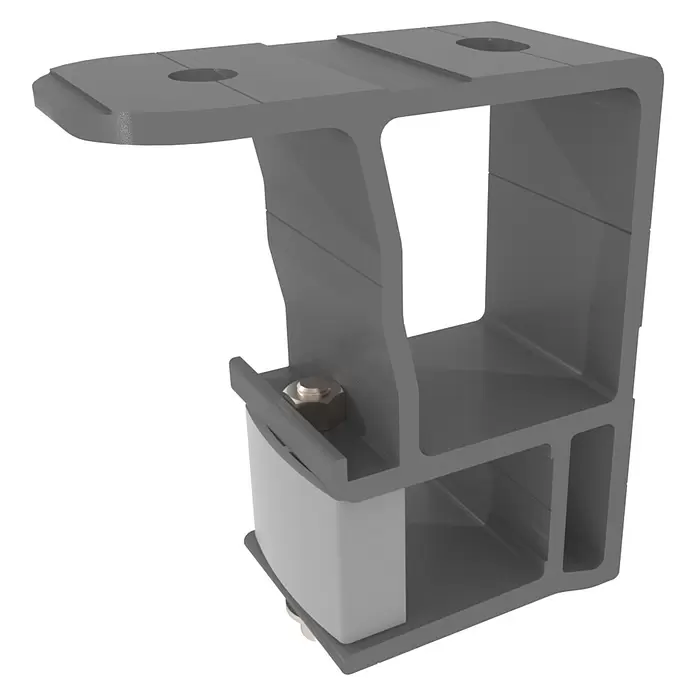 SM Deckenadapter - 140 x 130 x 60 mm, Weißaluminium, Passend für: SM Gelenkarm- & Hülsenmarkisen, 1 Stk. - Graue Montagehalterung mit weißem Klemmblock und silberner Schraube.