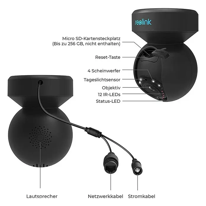 Reolink Überwachungskamera E SERIES E540 - 2.560 x 1.920 Pixel, IP65, Außen - Schwarze Reolink Überwachungskamera mit beschrifteten Komponenten wie SD-Kartensteckplatz, Objektiv, Leuchten, Lautsprecher, Netzwerk- und Stromkabel.