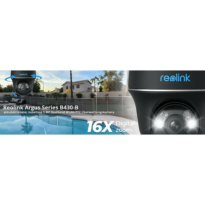 Reolink Akku-Überwachungskamera ARGUS SERIES B430 - 2.880 x 1.616 Pixel, IP64, Außen - Das Bild zeigt die Reolink Argus B430-B Überwachungskamera, die kabellos und akkubetrieben ist und eine 16-fache digitale Zoomfunktion bietet.