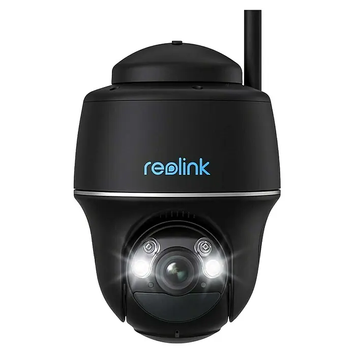 Reolink Akku-Überwachungskamera ARGUS SERIES B430 - 2.880 x 1.616 Pixel, IP64, Außen - Nahaufnahme einer schwarzen Reolink Überwachungskamera mit leuchtenden Scheinwerfern und Antenne.