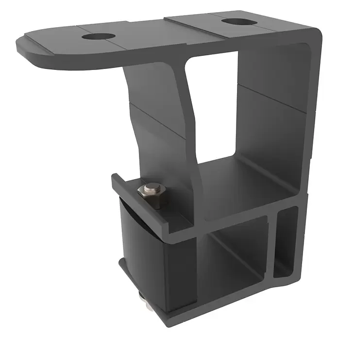 SM Deckenadapter - 140 x 130 x 60 mm, Anthrazitgrau, Passend für: SM Gelenkarm- & Hülsenmarkisen, 1 Stk. - Dunkelgraue U-förmige Montagehalterung mit zwei oberen Löchern, sichert ein schwarzes Bauteil mit Bolzen und Mutter, zur strukturellen Unterstützung.