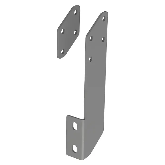 SM Dachsparrenadapter - 400 x 65 x 115 mm, Weißaluminium, Passend für: SM Gelenkarm-, Hülsen- & Vollkassettenmarkisen - Zwei graue Metallhalterungen, eine L-förmig und eine flach, mit mehreren Löchern.