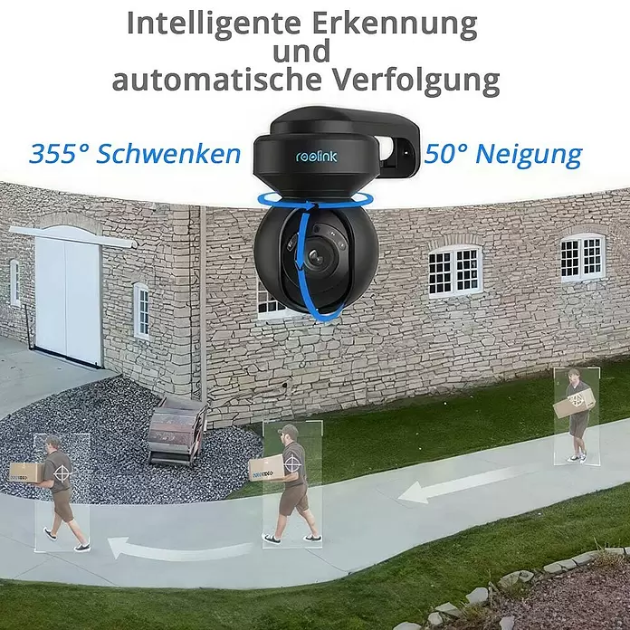 Reolink Überwachungskamera E SERIES E540 - 2.560 x 1.920 Pixel, IP65, Außen - Schwarze Reolink Überwachungskamera mit 355° Schwenken und 50° Neigung, zeigt intelligente Erkennung und automatische Verfolgung im Außenbereich.