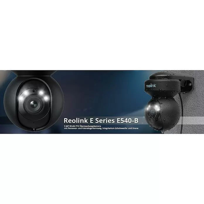 Reolink Überwachungskamera E SERIES E540 - 2.560 x 1.920 Pixel, IP65, Außen - Zwei schwarze Reolink E540-B PTZ-Außenkameras mit integrierten Scheinwerfern, eine zeigt Wassertropfen.