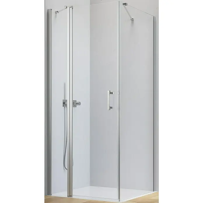 Camargue Level 5 Eckdusche - L x B x H: 100 x 80 x 200 cm, Unbeschichtet, Silber, Glasstärke: 5 mm, DIN Anschlag: Links - Nahaufnahme einer modernen Duschkabine mit Glasfront, Chromgriffen und Armaturen, die ein sauberes und minimalistisches Design zeigt.