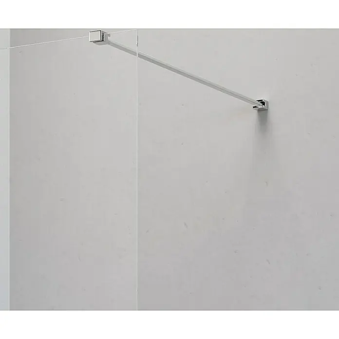 Camargue Level 5 Duschwand - B x H: 80 x 198 cm, Unbeschichtet, Silber - Detailaufnahme einer Duschkabine mit Fokus auf die Haltestange aus Chrom, die an der Wand befestigt ist und ein modernes Designelement darstellt.