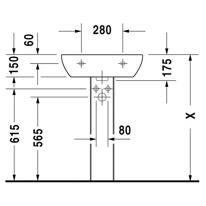 Duravit D-Code Waschtisch - 55 x 43 cm, Ohne Spezialglasur, Hahnloch: Mitte, Mit Überlauf, Weiß - Technische Zeichnung eines Waschbeckens mit Maßen für Installation und Design.