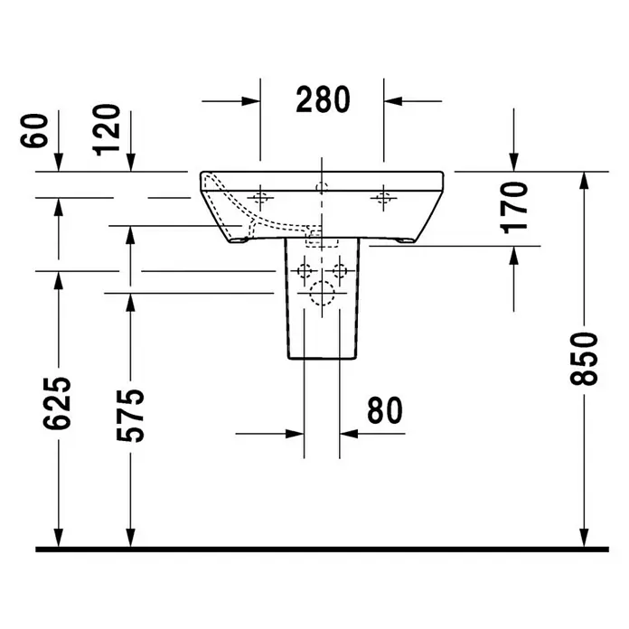 Duravit DuraStyle Waschtisch Typ 2 - 55 x 44 cm, Mit schmutzabweisender Glasur, Hahnloch: Mitte, Mit Überlauf, Weiß - Technische Zeichnung eines Waschtischs mit Bemaßungen für Installation und Design.