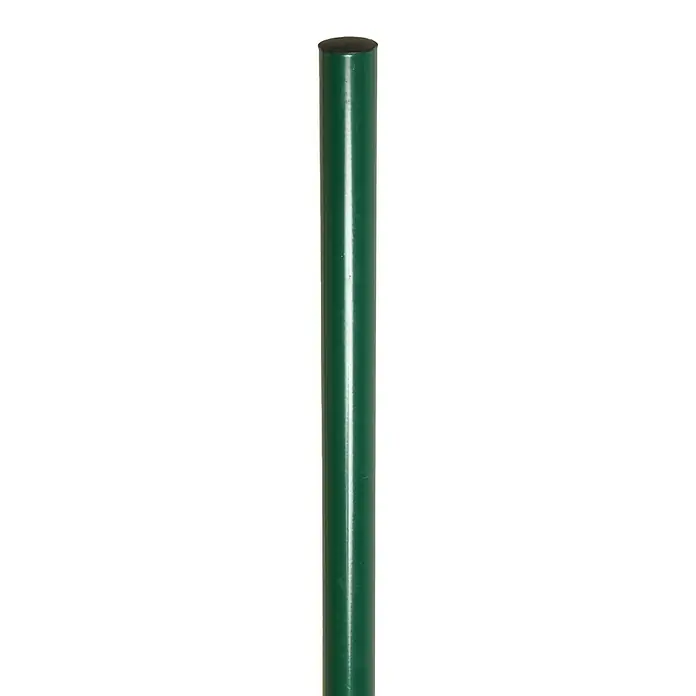 Floraworld Zaunpfosten - Höhe: 200 cm, Durchmesser: 3,4 cm, Moosgrün, Stahl - Nahaufnahme eines grünen Metallpfostens, ideal für Zäune oder Gartenprojekte, mit glatter Oberfläche und robuster Bauweise.