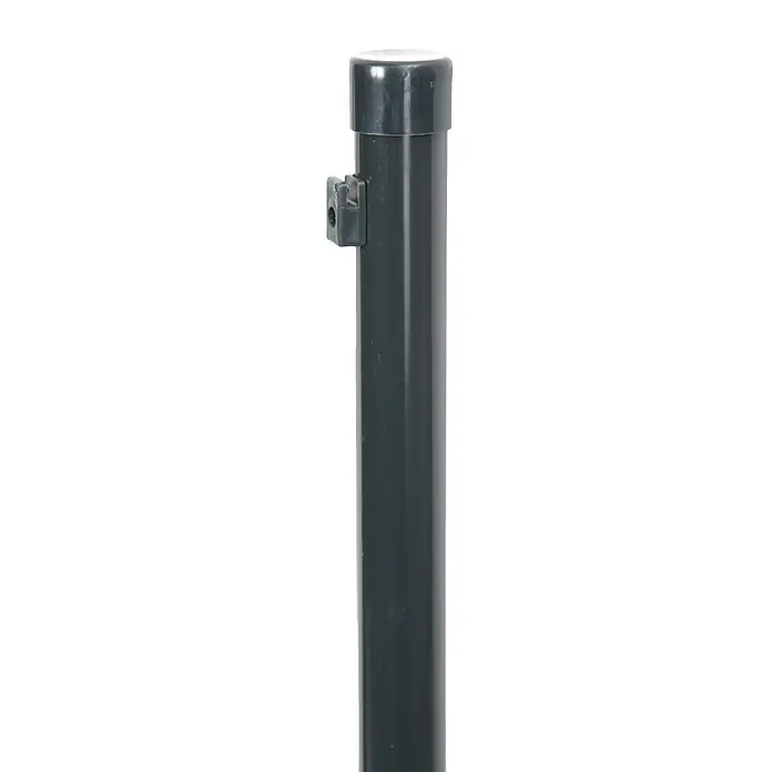 Floraworld Zaunpfosten - Länge: 150 cm, Durchmesser: 34 mm, Anthrazit, Stahl - Nahaufnahme eines grauen Poolzaunpfostens mit Verschlusskappe und Halterung, ideal zur Poolabsicherung und Kindersicherung im Garten.
