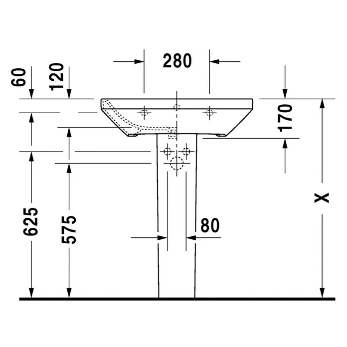 Duravit DuraStyle Waschtisch Typ 2 - 65 x 44 cm, Ohne Spezialglasur, Hahnloch: Mitte, Mit Überlauf, Weiß - Technische Zeichnung eines Waschtisches mit den Maßen 625 mm Höhe, 280 mm Breite und 170 mm Tiefe. Detaillierte Darstellung für Badplanung.