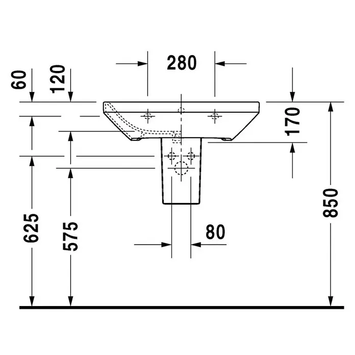 Duravit DuraStyle Waschtisch Typ 2 - 65 x 44 cm, Ohne Spezialglasur, Hahnloch: Mitte, Mit Überlauf, Weiß - Abbildung eines Waschbeckens mit Bemaßung, die Höhe, Breite und Tiefe des Produkts zeigen.