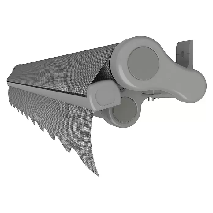 SM Gelenkarmmarkise T-5406/107 - Grau, Farbe Gestell: Weißaluminium, Breite: 3,6 m, Ausfall: 2,5 m - Graue Kassettenmarkise mit gezacktem Volant, hellgrauem Schutzgehäuse und Montagehalterungen.