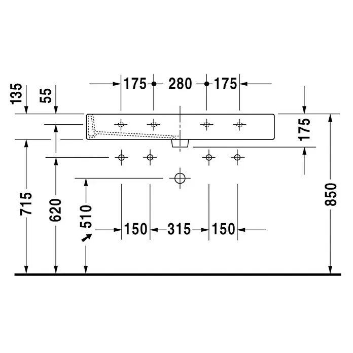Duravit Vero Doppelwaschtisch - 120 x 47 cm, Ohne Spezialglasur, Hahnloch: Mitte, Mit Überlauf, Weiß, Ungeschliffen - Technische Zeichnung eines Waschtisches mit Maßen und Montagehinweisen für eine einfache Installation im Badezimmer.