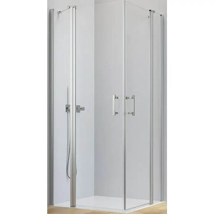 Camargue Level 5 Eckdusche - 100 x 90 x 200 cm, Unbeschichtet, Silber, Glasstärke: 5 mm, DIN Anschlag: Links/Rechts - Eckdusche mit klarem Glas und eleganten Chrombeschlägen, die ein modernes und minimalistisches Badezimmerdesign ergänzt.