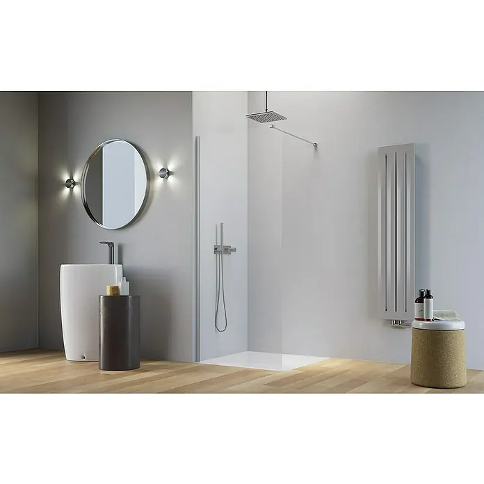 Camargue Level 5 Duschwand - B x H: 80 x 198 cm, Unbeschichtet, Silber - Dieses moderne Badezimmer verfügt über einen stilvollen Waschtisch, einen runden Spiegel und eine begehbare Dusche mit Glaswand.