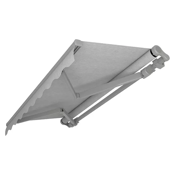 SM Gelenkarmmarkise REC-196 - Hellgrau, Farbe Gestell: Weißaluminium, Breite: 5 m, Ausfall: 3 m - Hellgraue Markise mit Wellenvolant, von unten gesehen.