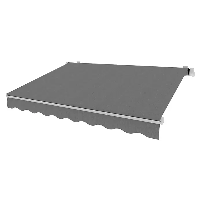 SM Gelenkarmmarkise REC-196 - Hellgrau, Farbe Gestell: Verkehrsweiß, Breite: 2,5 m, Ausfall: 2 m - Graue, ausfahrbare Markise mit gewelltem Rand.