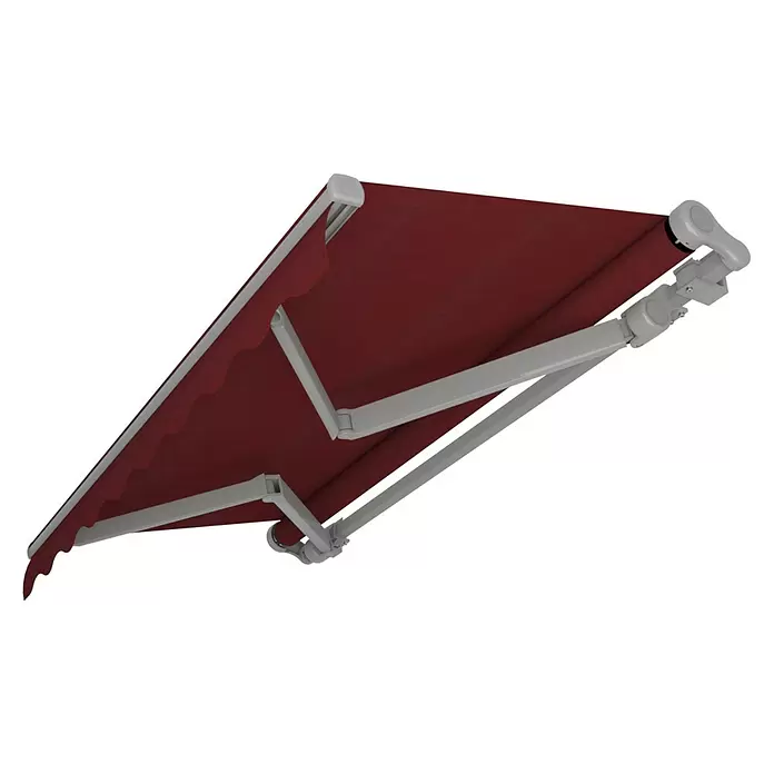 SM Gelenkarmmarkise T-407/11 - Rot, Farbe Gestell: Weißaluminium, Breite: 5 m, Ausfall: 3 m - Rote Stoffmarkise mit grauen Gelenkarmen, ausgefahren.