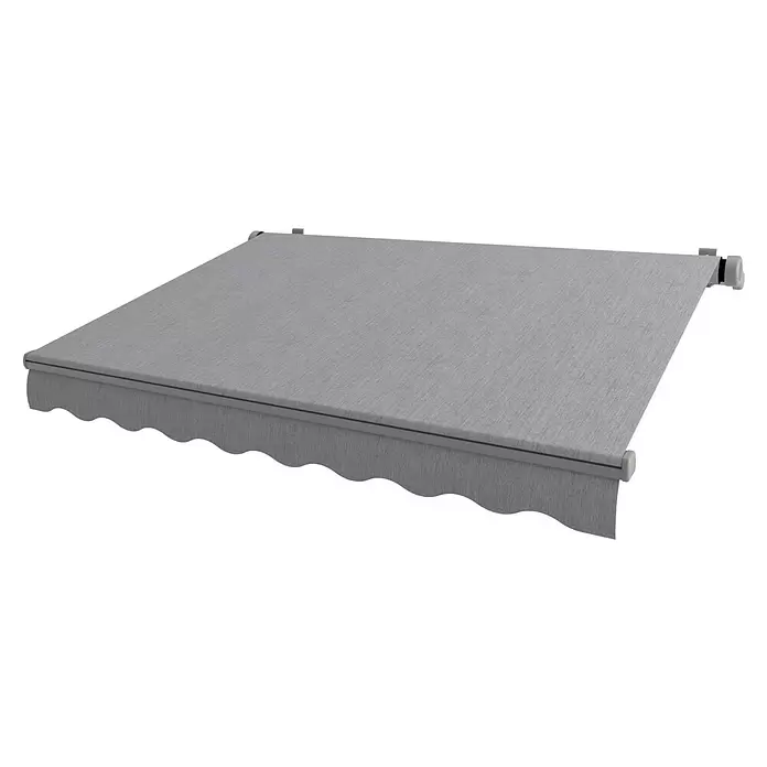 SM Gelenkarmmarkise REC-196 - Hellgrau, Farbe Gestell: Weißaluminium, Breite: 5 m, Ausfall: 3 m - Graue Stoffmarkise mit gewelltem Rand.
