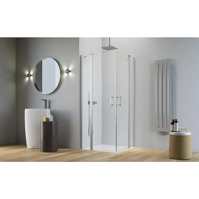 Camargue Level 5 Eckdusche - 100 x 90 x 200 cm, Unbeschichtet, Silber, Glasstärke: 5 mm, DIN Anschlag: Links/Rechts - Modernes Badezimmer mit stilvoller Duschkabine, Waschtisch und Heizkörper in elegantem Design für ein komfortables Ambiente.