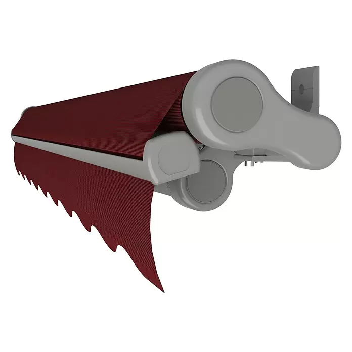SM Gelenkarmmarkise T-407/11 - Rot, Farbe Gestell: Weißaluminium, Breite: 5 m, Ausfall: 3 m - Rote Markise mit grauem Mechanismus, teilweise ausgefahren.