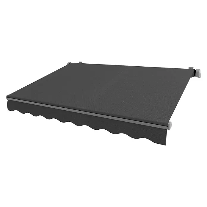 SM Gelenkarmmarkise REC-164 - Dunkelgrau, Farbe Gestell: Weißaluminium, Breite: 3,6 m, Ausfall: 2,5 m - Dunkelgraue Markise mit gewelltem Volant und weißen/silbernen Endkappen, ausgefahren als Sonnenschutz.
