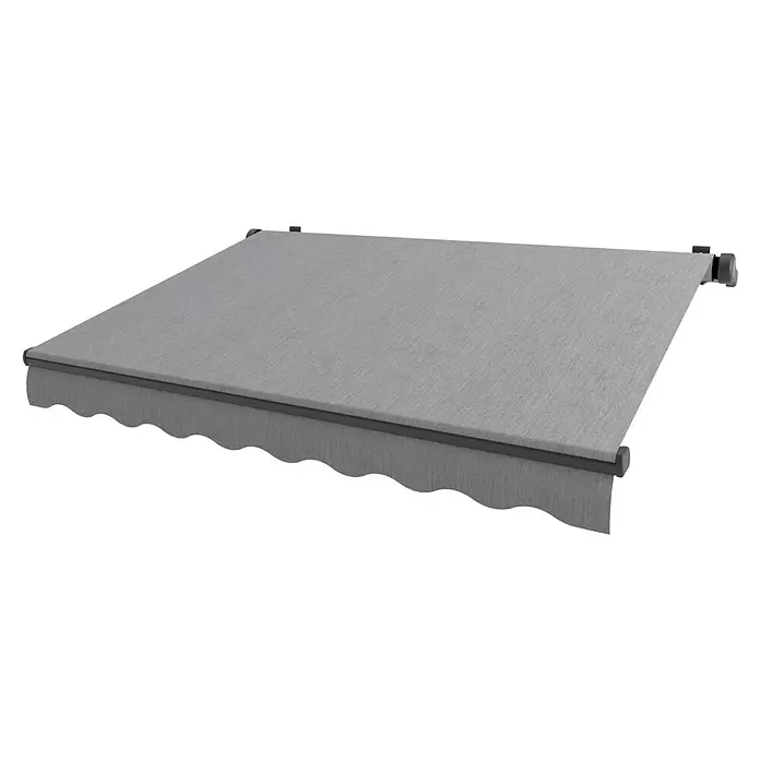SM Gelenkarmmarkise REC-196 - Hellgrau, Farbe Gestell: Anthrazitgrau, Breite: 3,6 m, Ausfall: 2,5 m - Graue Stoffmarkise mit wellenförmigem Volant und schwarzen Rahmendetails, ausgefahren als Sonnenschutz.