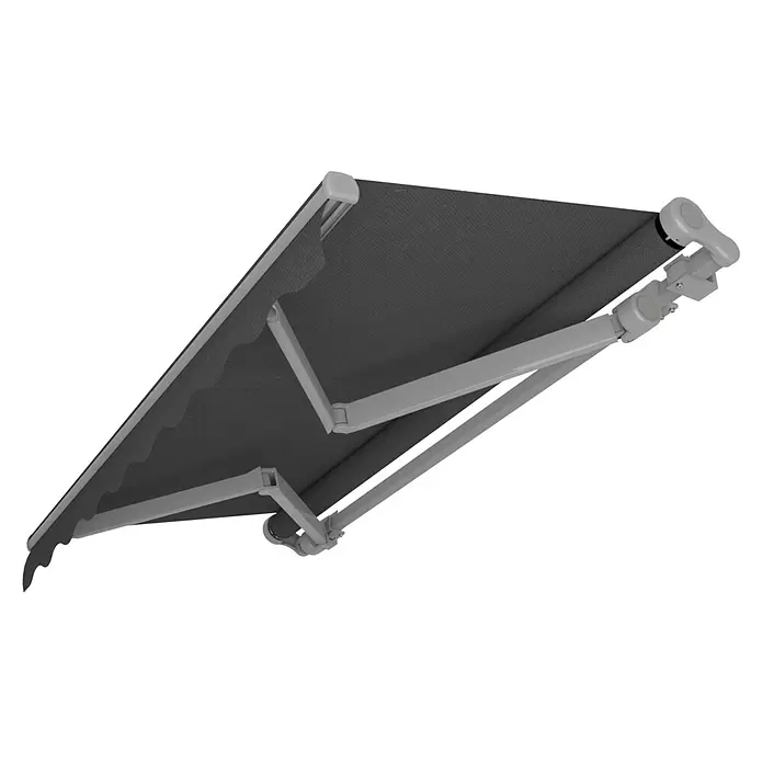 SM Gelenkarmmarkise REC-164 - Dunkelgrau, Farbe Gestell: Weißaluminium, Breite: 3,6 m, Ausfall: 2,5 m - Dunkelgraue Markise mit hellgrauen Gelenkarmen, teilweise ausgefahren.