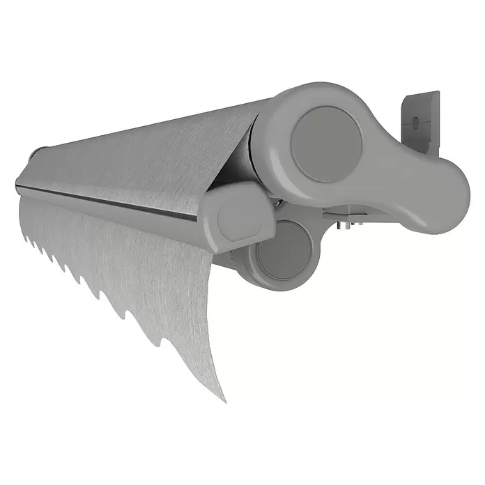 SM Gelenkarmmarkise REC-196 - Hellgrau, Farbe Gestell: Weißaluminium, Breite: 5 m, Ausfall: 3 m - Grauer Wand-Küchenrollenhalter mit gezackter Abreißkante, der eine hellgraue Papierrolle ausgibt.