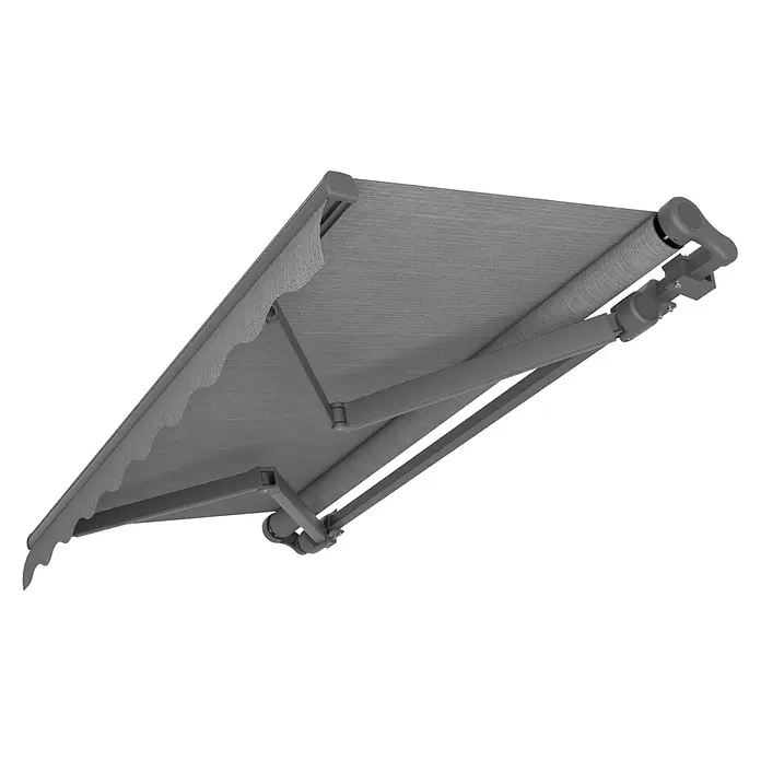 SM Gelenkarmmarkise T-5406/107 - Grau, Farbe Gestell: Anthrazitgrau, Breite: 5 m, Ausfall: 3 m - Graue, ausfahrbare Markise mit Gelenkarmen und strukturierter Stoffbahn.