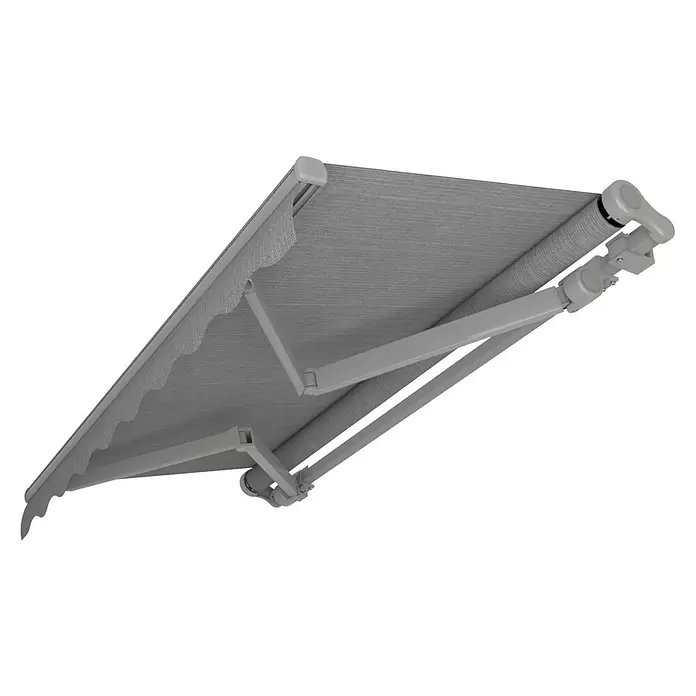 SM Gelenkarmmarkise T-5406/107 - Grau, Farbe Gestell: Weißaluminium, Breite: 3,6 m, Ausfall: 2,5 m - Ausgefahrene graue Stoffmarkise mit grauen Stützarmen.
