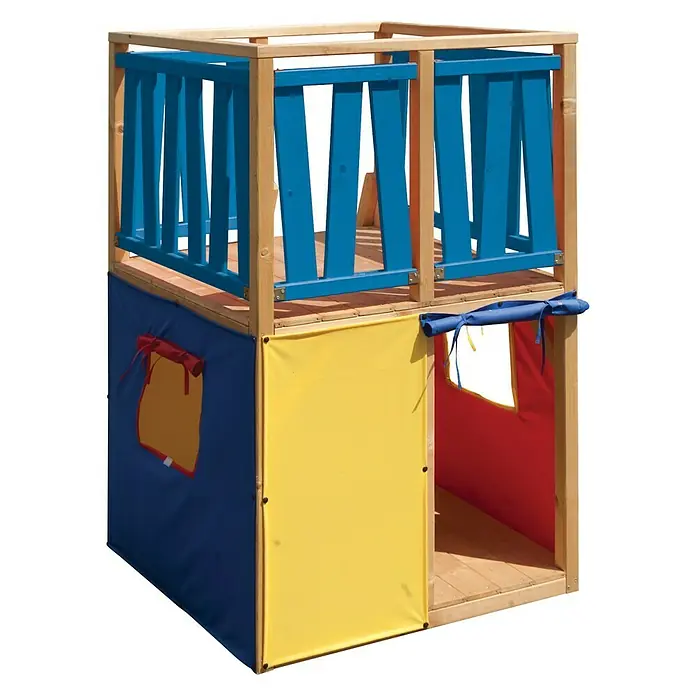 Kinderspielturm Funny - L x B x H: 140 x 100 x 160 cm - Ein farbenfrohes Kinderspielhaus aus Holz mit blauen, gelben und roten Stoffbahnen und einem Aussichtsturm.