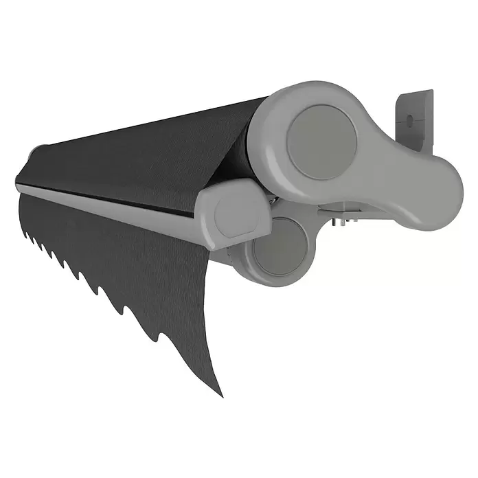 SM Gelenkarmmarkise REC-164 - Dunkelgrau, Farbe Gestell: Weißaluminium, Breite: 3,6 m, Ausfall: 2,5 m - Dunkelgraue ausziehbare Markise mit hellgrauen mechanischen Teilen.